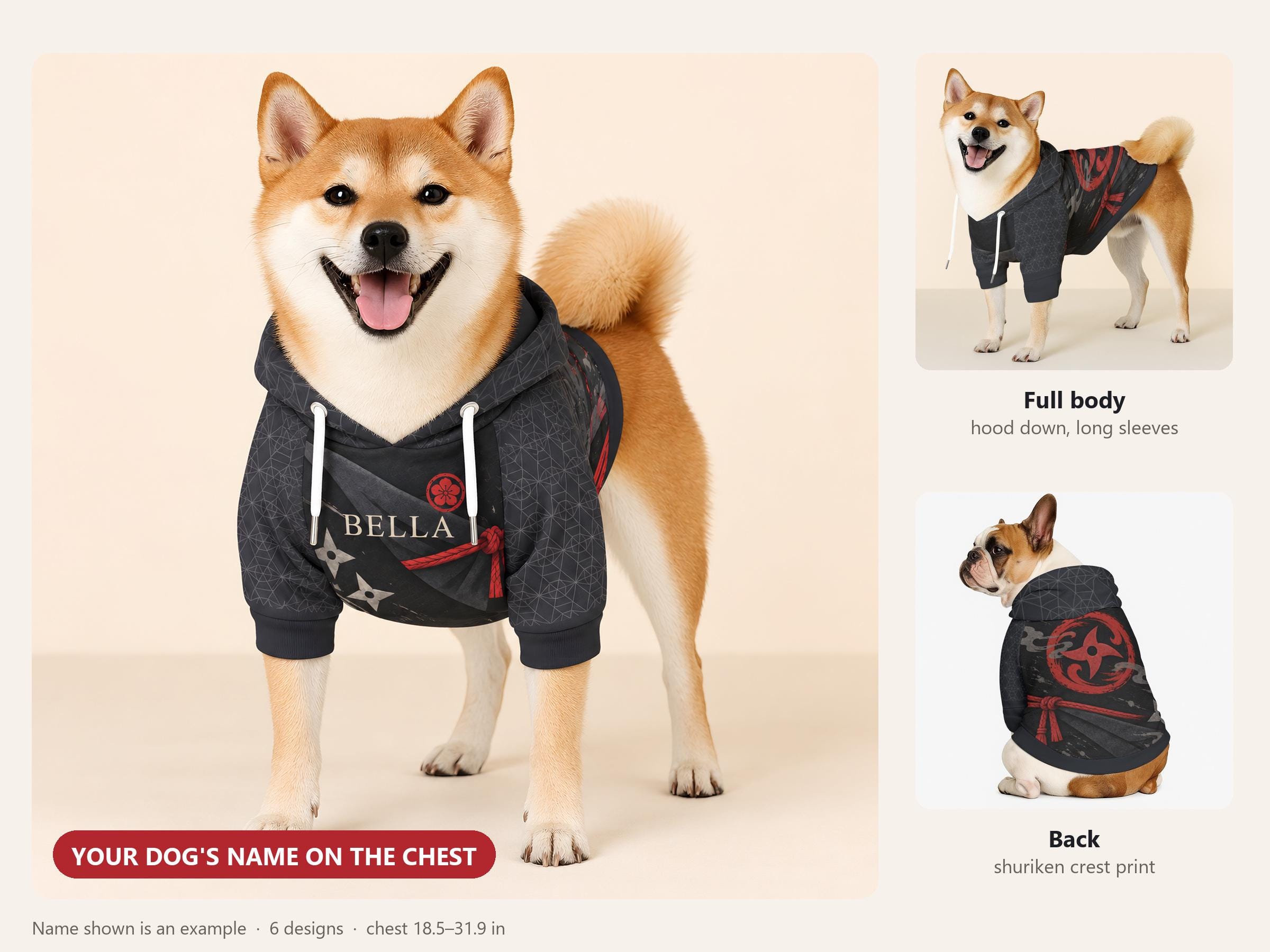 Personalized dog hoodie in three views: Shiba Inu facing the camera with the example name BELLA on the chest of the Black Ninja design, the full body from the side, and the back with a red shuriken crest and cord.