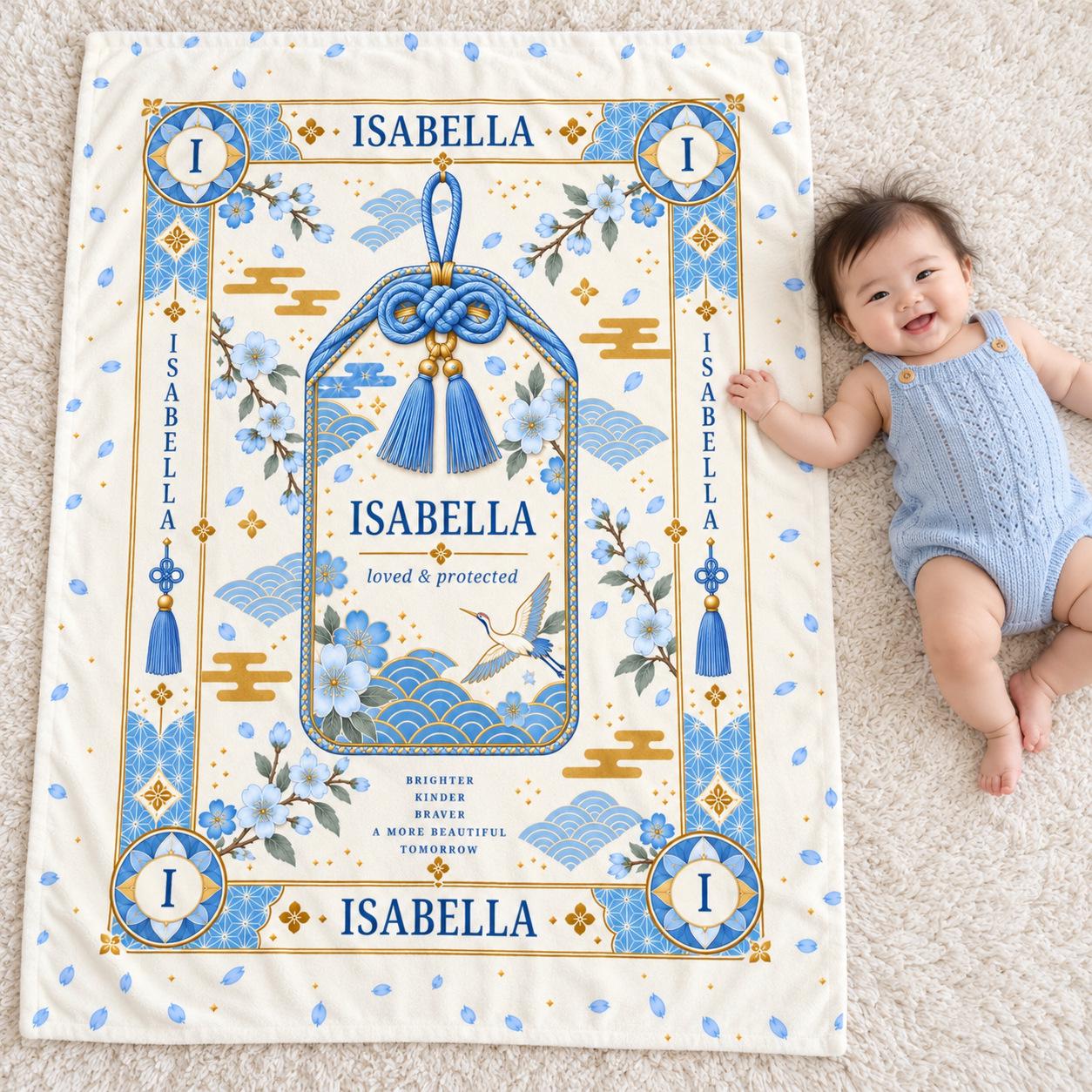 Personalized baby name blanket with a blue omamori charm design and the sample name Isabella, laid on a rug beside a smiling baby, a custom Japanese-inspired baby shower gift.