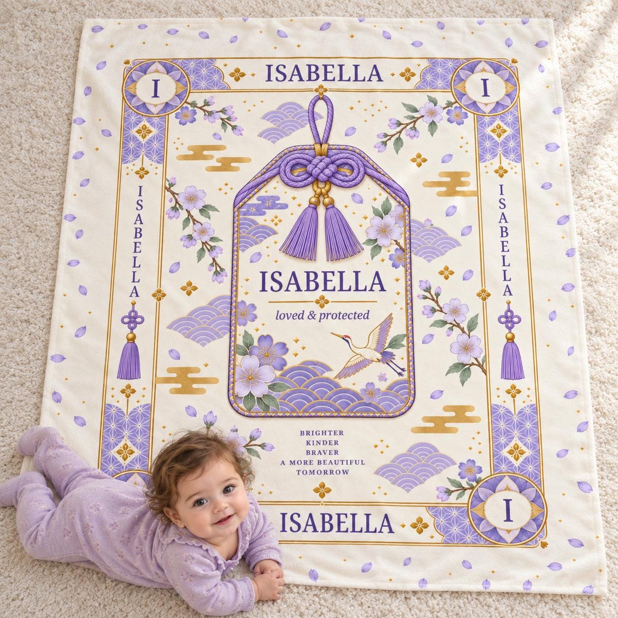 Personalized baby name blanket with a lavender omamori charm design and the sample name Isabella, with a baby lying on her tummy beside it, a custom Japanese-inspired newborn gift.