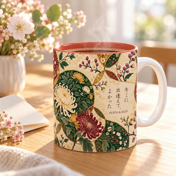 Custom couple mug with a white handle beside flowers and a card: Japanese chrysanthemum artwork with the phrase so glad I met you and the sample names OLIVIA & ALEX, a personalized anniversary gift for two.
