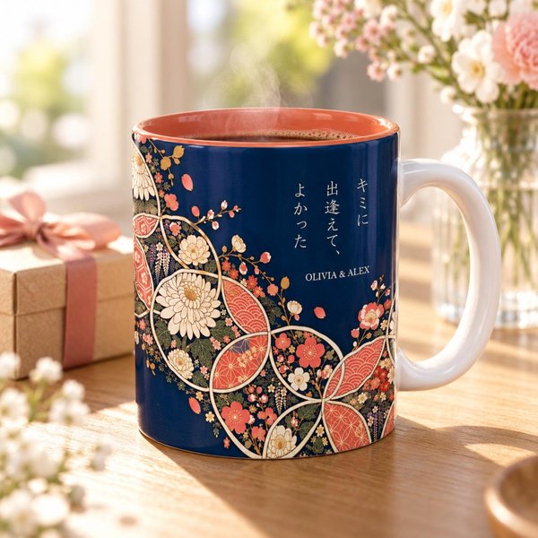 Personalized navy couple mug with a white handle beside a gift box and flowers: Japanese floral circles with the phrase so glad I met you and the sample names OLIVIA & ALEX, a custom anniversary gift.