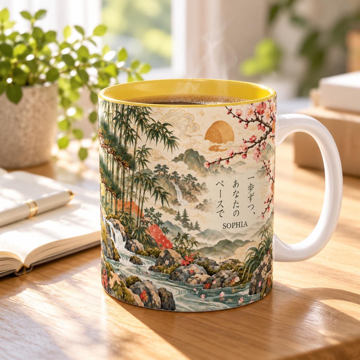 Custom name mug with a white handle and yellow inside next to a notebook and plant: Japanese bamboo and waterfall art with the phrase one step at a time and the sample name SOPHIA, an encouragement gift.