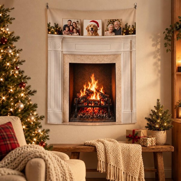 Personalized fireplace tapestry with your photos in a cozy living room: a faux fireplace with a white mantel and a crackling fire, three sample family photos on the mantel boards, a custom Christmas backdrop and holiday wall decor.