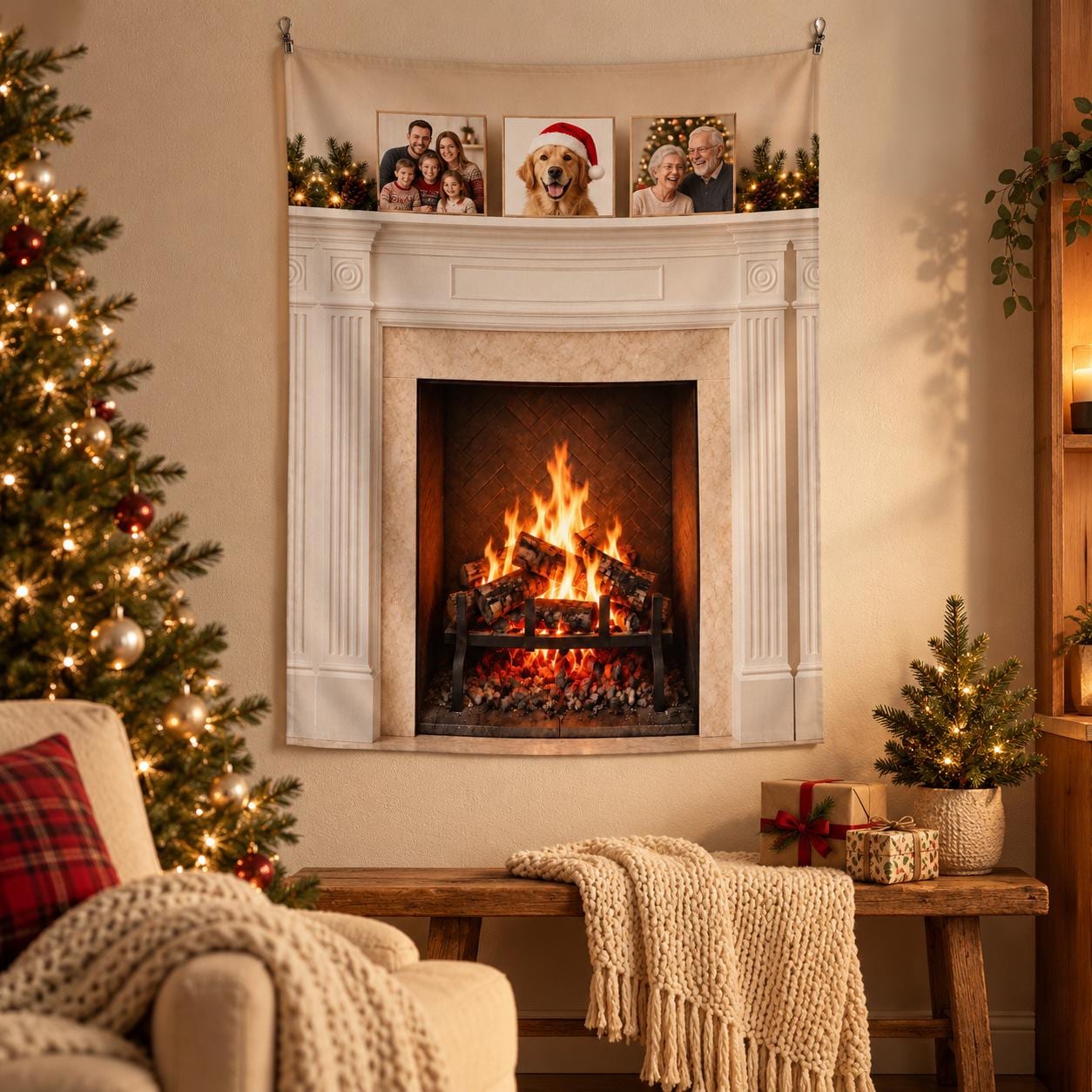Personalized fireplace tapestry with your photos in a cozy living room: a faux fireplace with a white mantel and a crackling fire, three sample family photos on the mantel boards, a custom Christmas backdrop and holiday wall decor.