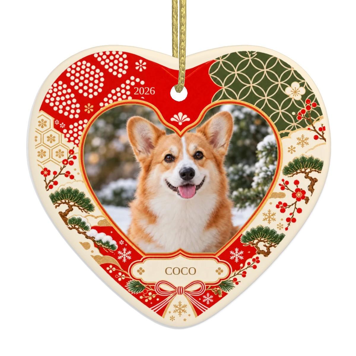 Personalized pet photo ornament: ceramic heart with a sample corgi photo, the name COCO and 2026 in a red and green Japanese floral frame, a custom pet ornament and personalized Christmas ornament for the tree.